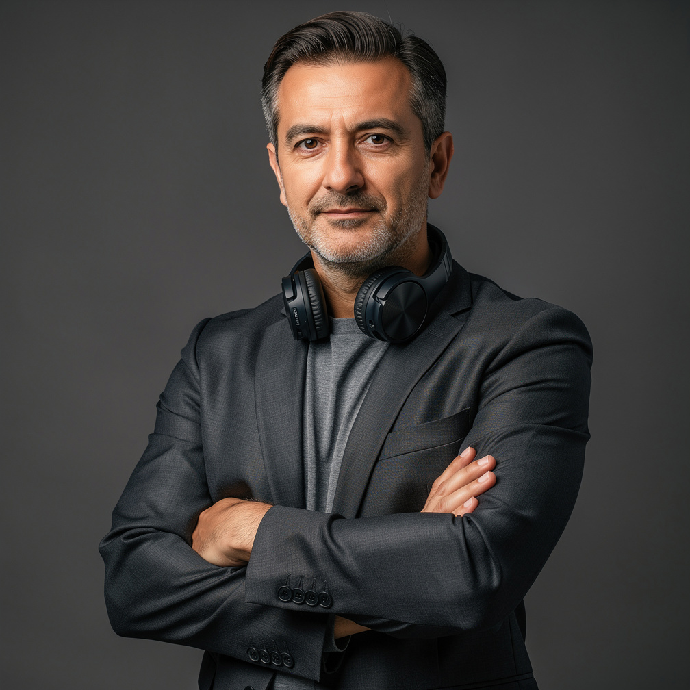 Turkish male broadcast trainer in his 40s wearing a headset in a TV studio