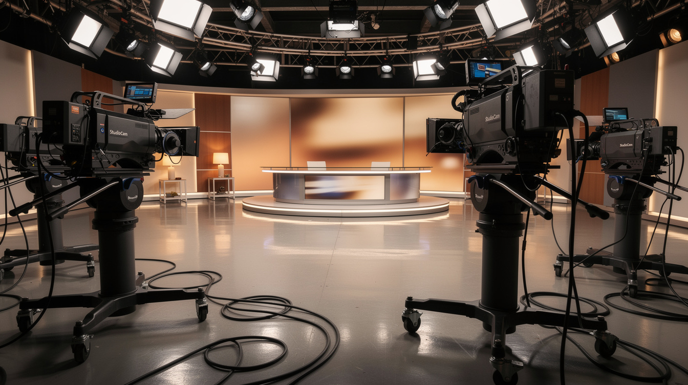 Wide shot of an empty television studio set with cameras and lighting rigs